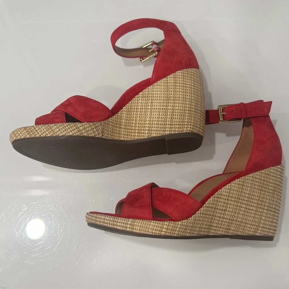 Vionic Red Suede Ankle-Strap Wedge Sandals - Picture 7 of 8